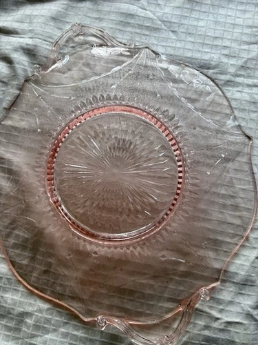 Vintage Pink Depression Glass 13” Serving Plate Platter Ornate Pretty