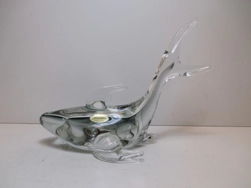 Vtg Murano Italy Art Glass Gray Clear Shark Figurine Paper Weight Mid Century