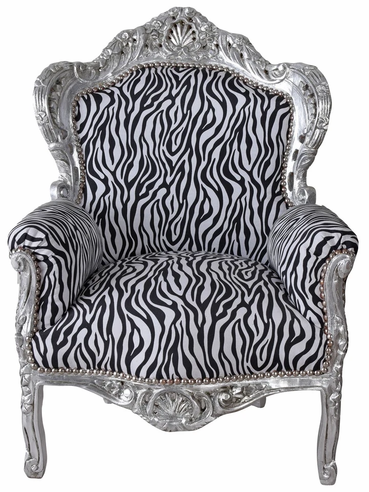 Barock silber Sessel Thron Prunk Antikstil shabby chic Ohrensessel Zebra Holz