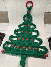 Vintage Macrame Christmas Tree Wall Hanging With Wooden Beads