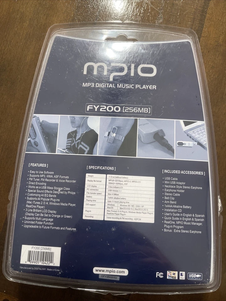 Reproductor de música digital MP3 MPIO FY200 de colección 256 MB nuevo sellado nuevo stock antiguo Foto 3 de 4