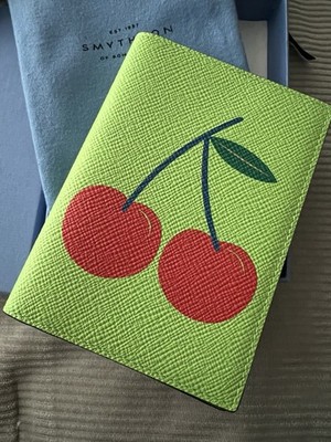 Smythson Green Leather / Cherries Motif Panama Passport Cover Case