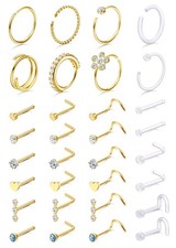 THUNARAZ 32 Pcs Nose Rings for Women Men - Hypoallergenic 18G, 14K Gold