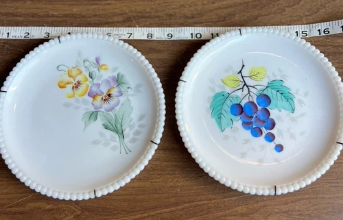 2 Westmoreland Handmade MilkGlass Plate White Hand Painted Fruit Bright Colors