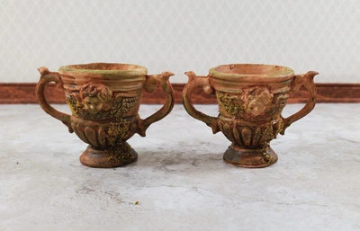 Dollhouse 2 Handled Urn Planters x2 1:12 Scale Aged with Moss by Falcon - Image 1 of 4