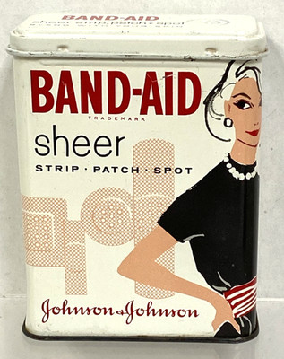 Vintage Johnson and Johnson Band Aid Tin Woman Family Litho Mid Century Modern