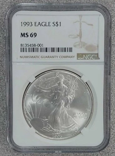 1993 Silver Eagle Silver Dollar Super Gem Uncirculated 1oz NGC MS69 Near MS70,