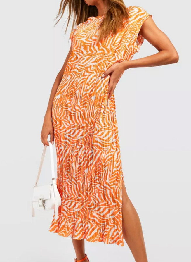 NWT Boohoo Orange/White ZEBRA PLISSE MIDAXI DRESS Knit Column Pleats US-14