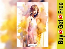 Petal-Hued Beauty: Woman in Pink Dress – 5"x7" Watercolor Print on Matte Paper