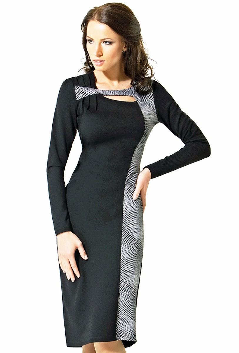 black long sleeve shift cocktail dress Three Quarter Sleeve Shift Dress With Floral Embellished Cuffs In Black