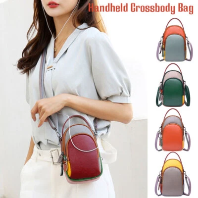 Women Contrast Color Genuine Leather Cellphone Pouch Lady Shoulder Crossbody Bag
