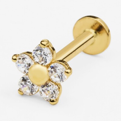 14k Solid Gold 5 CZ Internally Threaded Labret Stud Earring, 18Gauge