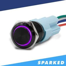Sparked Innovations Black Latching 12V Push Button Switch SPDT Halo Ring -Purple