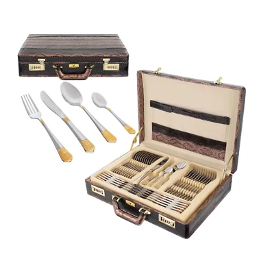 Besteckkasten 24k 72 Teile 12 Personen Luxus Besteck 18/10 Edelstahl Lederkoffer - Bild 1 von 4