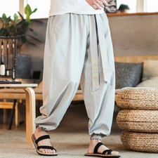 Men Linen Cotton Harem Tapered Pants Casual Loose Belt Joggers Trousers Soft New