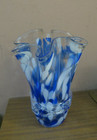 13" Zorza Poland Handmade Blown Art Glass Blue & White Ruffled Vase Flower Pot