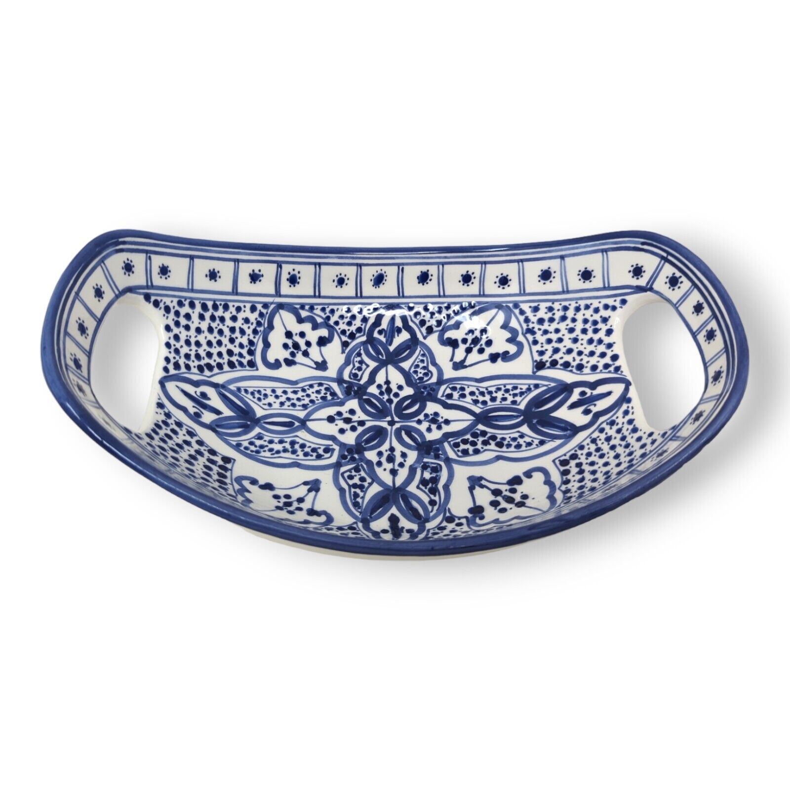Poterie Slama Pottery Serving Bowl, Made In Tunisia - Stoneware Blue Design 11"L