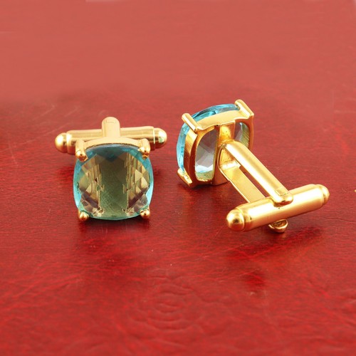 Handmade Sky Blue Quartz Yellow Gold Plated Prong Set Men's Jewelry Cufflink - Picture 3 of 3