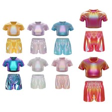 Kids Girls Top And Shorts Shiny Dance Outfit Performance Jazz Activewear Stage