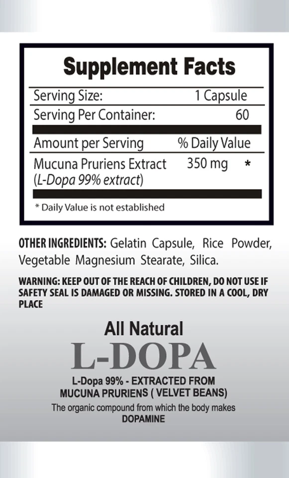 cápsulas dopa - DOPA 99% EXTRACTO 350mg - alivio del dolor y el estrés 3B Foto 2 de 4