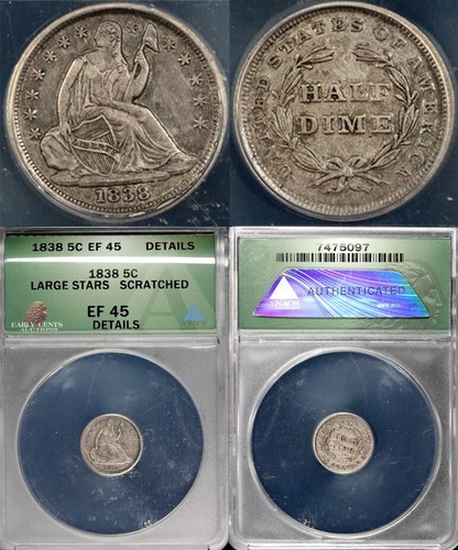 1838 H10c Large Stars Half Dime ANACS EF 45 Details Scratched - Picture 5 of 5