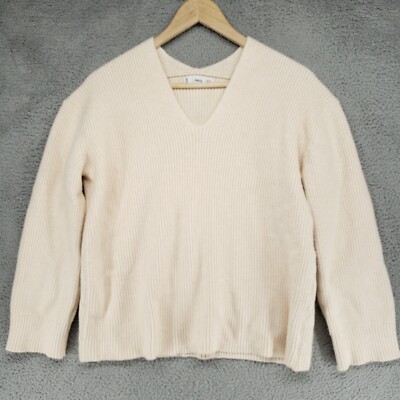 Mng By Mango Thick Ribbed Sweater Shirt Top Womans S Beige Long Sleeve V Neck