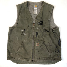 Carhartt Mens V26 LOV Green Canvas Full Zip Sherpa Lined Distressed Vest XL Tall