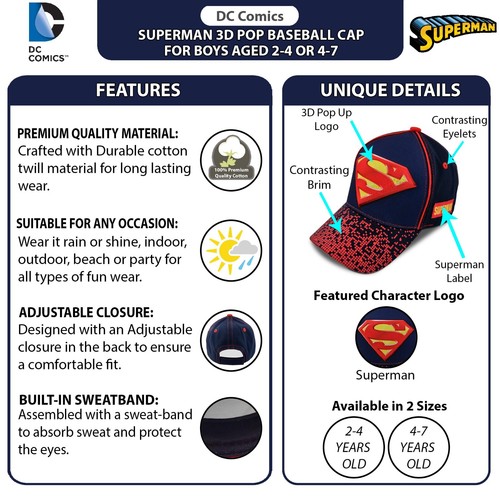 Sombrero de béisbol DC Comics Superman para niños pequeños de 2-4 años o gorra para niños de 4-7 años - Imagen 12 de 13