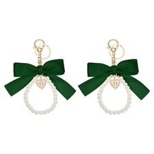 2Pcs Ribbon Bow Keychain Pearl Wristlet Keychain Heart Pendant, Green