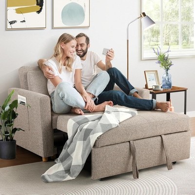 3-in-1 Convertible Pull Out Couch Bed Futon Sofa, Linen Fabric Loveseat w/Pilow！