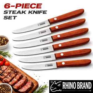 RHINO Jeu de couteaux Steak 6 Pcs Poignée en bois Acier inoxydable déraillé 5" Lame