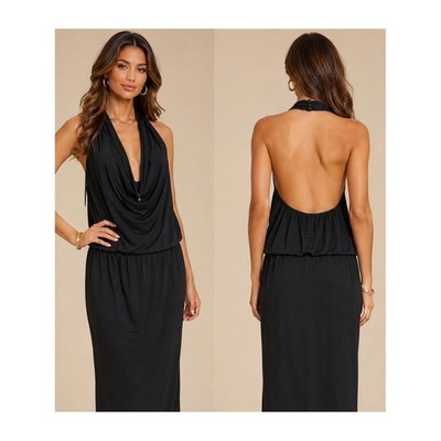 St. John Black Halter Cowl Neck Open Back Midi Dress Elegant Evening Cocktail 10
