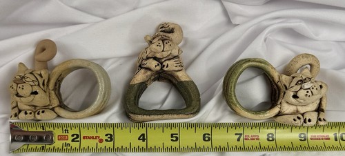 Rare 3 Rex Benson Clay Cat Sculpture Napkin Rings 2" Tall Vtg Kitty - Picture 2 of 9