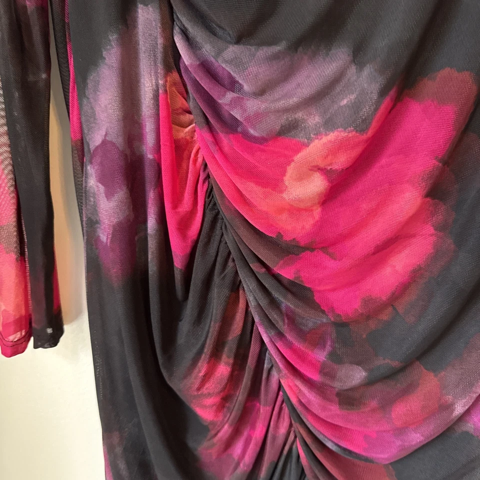 Dkny Midi 连衣裙女式 18W 码黑色花卉褶皱网眼派对活动弹力全新带标签 — 第 4/4 张图片