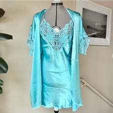 1970s Peignoir Set S Lacy Nightgown and Robe Aqua Vintage Partners