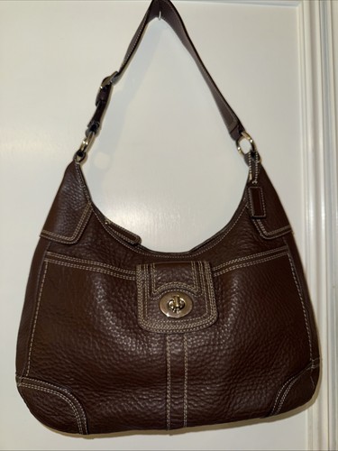 Coach Hamilton Pebbled Leather Turnlock Hobo Shoulder Handbag Brown F13956