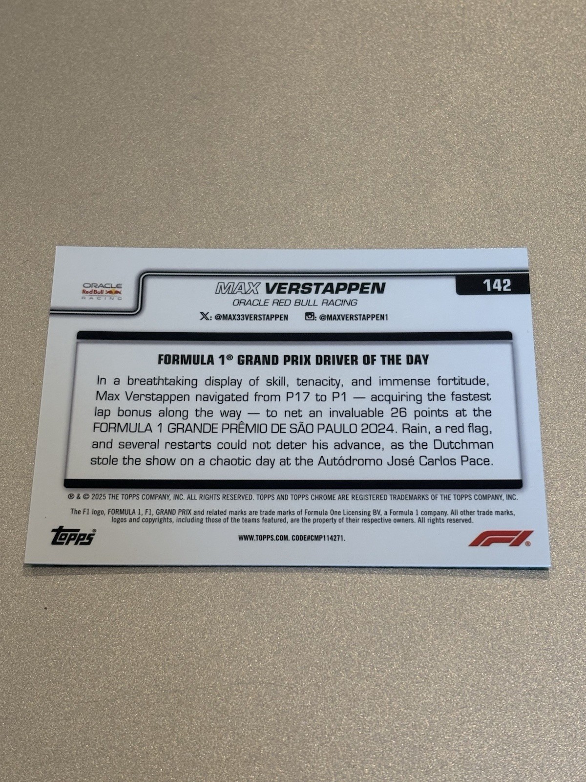 Max Verstappen 2025 Topps Chrome F1 2024 Brazil P17-P1 #142 Green Checker /99 view 2