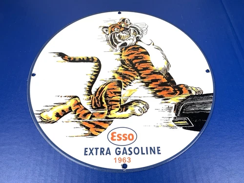 VINTAGE 12" ESSO EXTRA GASOLINE TIGER 1963 OIL GAS PUMP STATION PORCELAIN SIGN