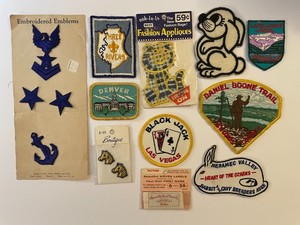 11 Vintage Sew On Patches Vegas, States, Daniel Boone, Cat, Rabbit, MOTHER Label