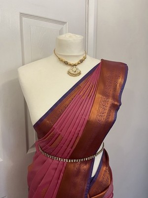 Damen rosa & türkis Seide Sari/Sari mit Kupferrand, Einheitsgröße, Indien