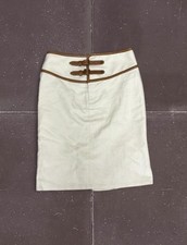 Ralph Lauren Skirt Cotton Linen Double Buckle Leather Trim Mid Length Beige Sz 4