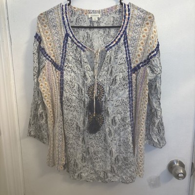 Sundance Off White Viscose 3/4 Sleeves Round Neck Tussle Embroidered Blouse S