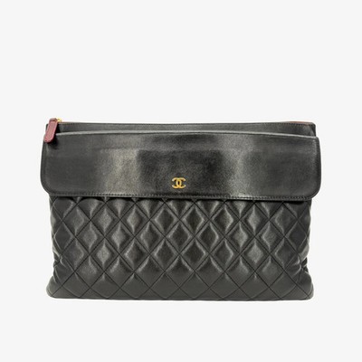 CHANEL Vintage Black Lambskin Zip And Flap Clutch Bag