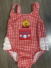 Vintage Winnie The Pooh 12 Months Red And White Gingham Swim Suit With Lace