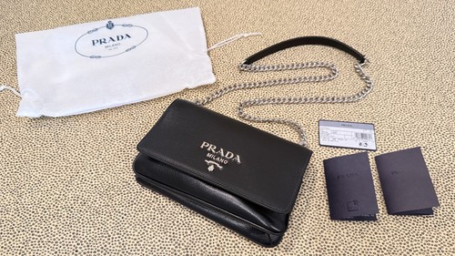 Authentic Prada Pattina Saffiano Leather Shoulder Bag Black + Dust Bag | NEW USA
