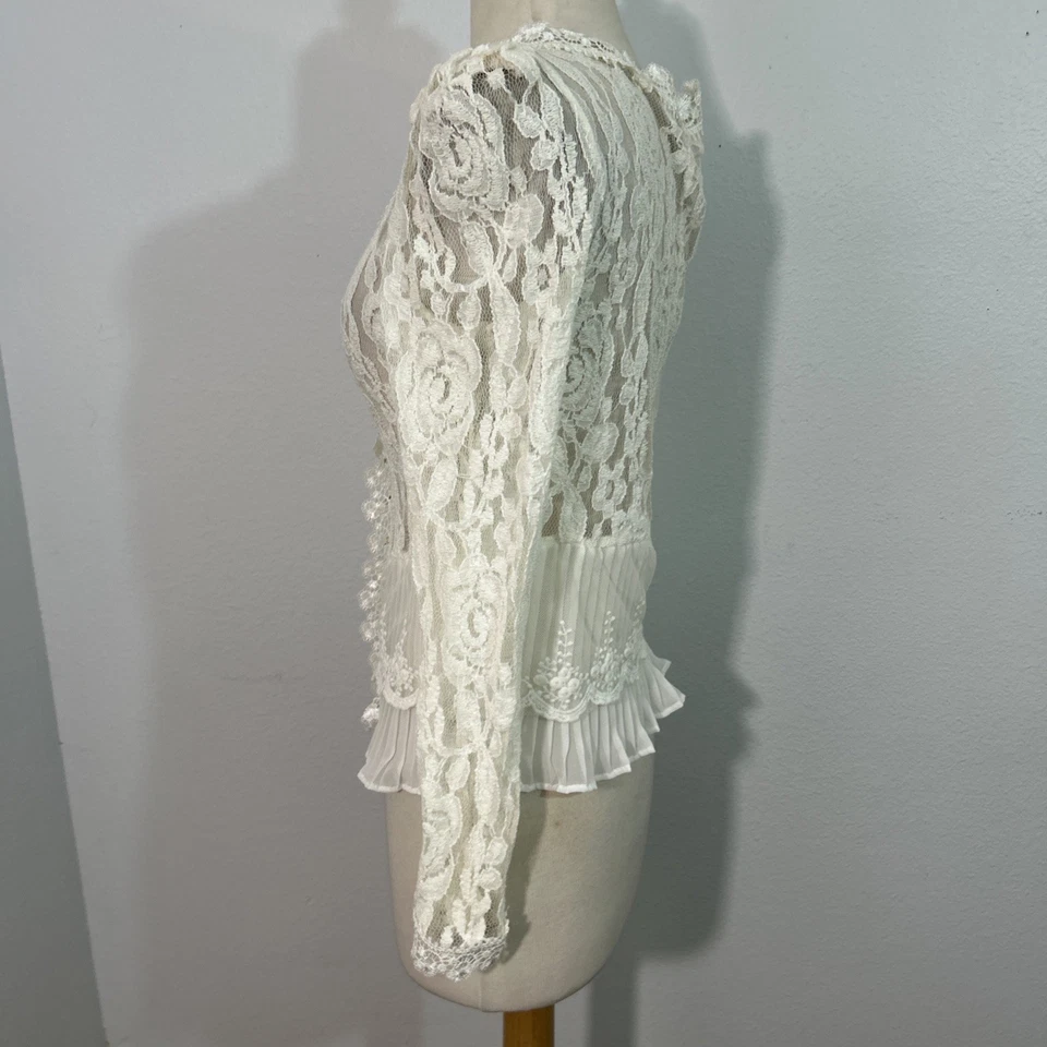 Vtg Lace Blouse Womens L White Sheer Gold Button Edwardia Victorian Romantic 90s - Image 3 of 4