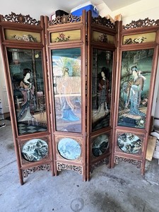 4-Panel Foldable Freestanding Wood & Glass Asian/Oriental Carved Room Divider