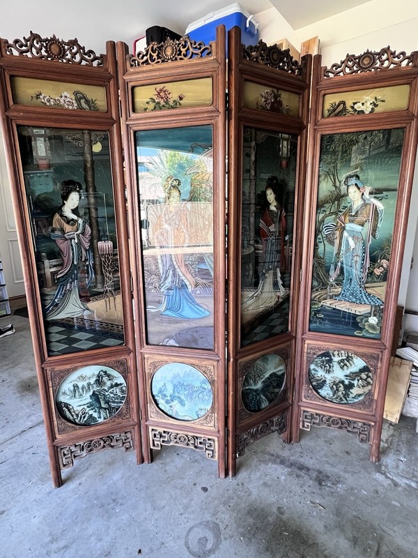 4-Panel Foldable Freestanding Wood & Glass Asian/Oriental Carved Room Divider