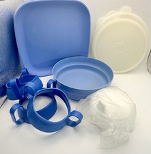 Tupperware Mixed Lot Sippy Cup Handles  Lids, 4 Plates, 1 Bowl, 4 C Lids. Blue