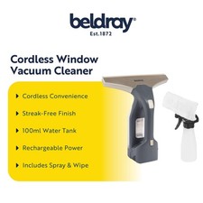 Beldray Cordless Window Vacuum Plus Rechargeable with Spray Bottle & Wipe Pad